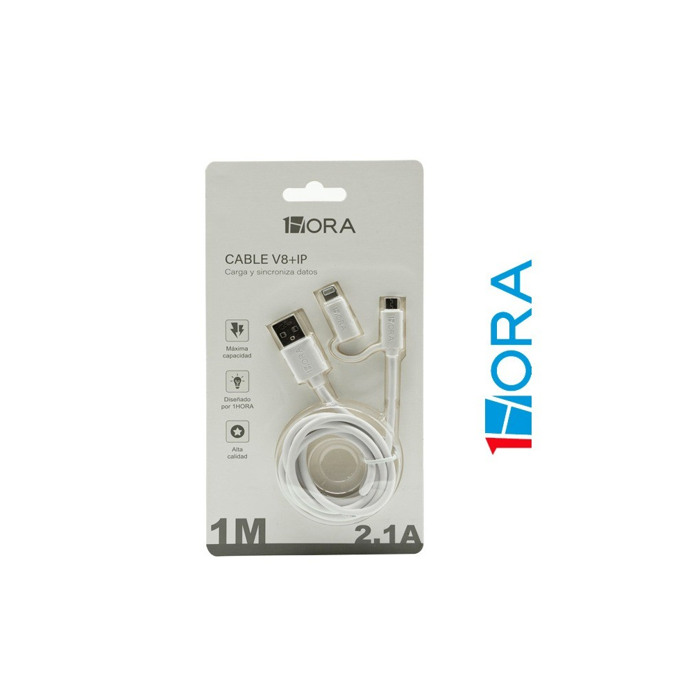Cable Combo V8 + iPhone 5-14 Series 1 Hora 1M Blanco
