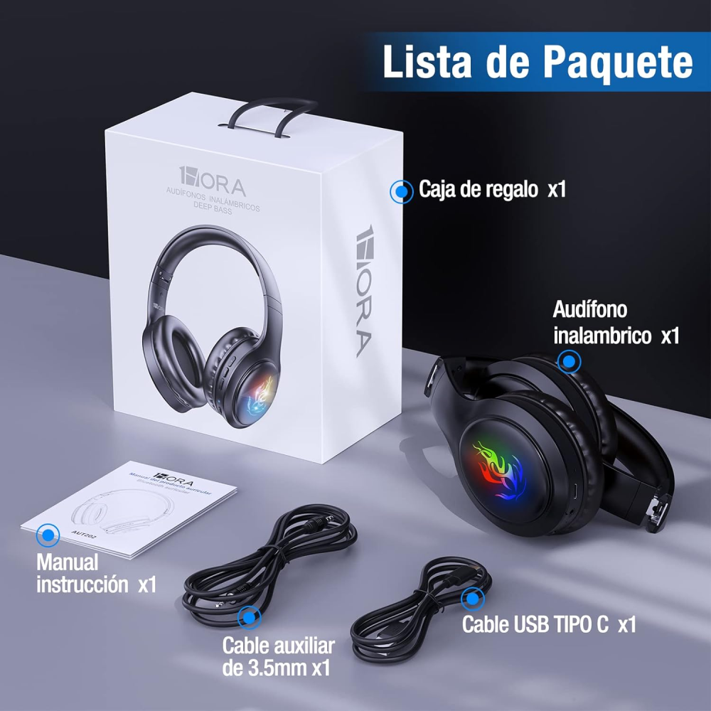 1 Hora Audifonos Inalambricos Diadema, Auriculares Gamer Bluetooth 5.1 Headphones Plegables Audífonos Over-Ear con micrófono
