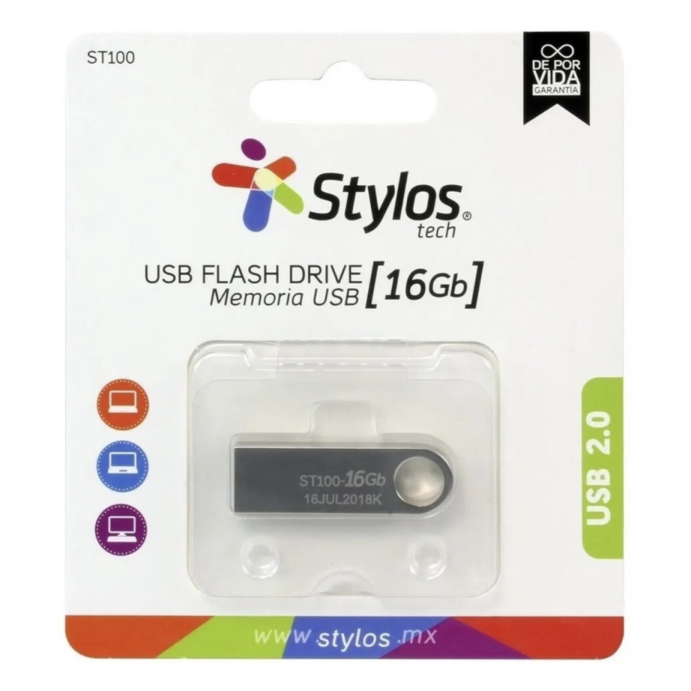 Memoria USB 16GB Flash 2.0 Stylos. Color Gris Metálico